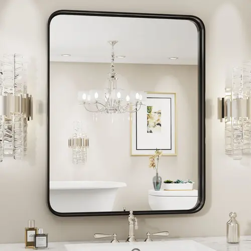 Sweetcrispy Wall-Mounted Modern Farmhouse Bathroom Vanity Mirror - Matte Brushed Aluminum Alloy Framed, Rounded Rectangle, Anti-Rust Tempered Glass, Vertical/Horizontal Hanging, Indoor Use for Over Sink, Bedroom, Living Room Fireplace Wall Fixture