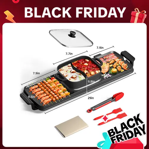 AORAN KITCHEN 2-in-1 Tabletop Barbecue Grill & Hot Pot - Nonstick Portable 110V Plug & Play BBQ Grill Stove, Safety-Focused Household Appliance with 3-in-1 Flexibility, Removable Center Pot ×1 for Holidays, Indoor Game Nights