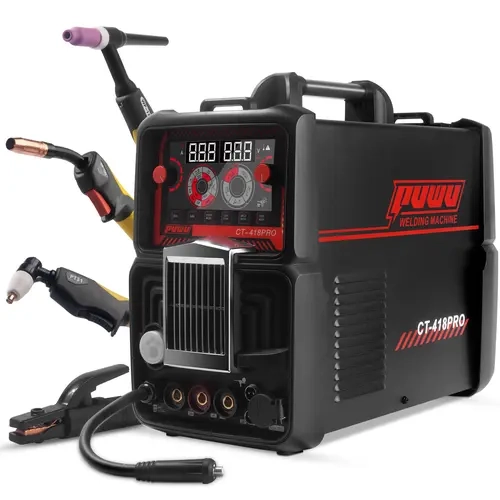 PUWU CT-418PRO 5-in-1 IGBT Inverter Portable Welding Machine - Gas/Gasless MIG, HF TIG, Stick, CUT, 110V/220V Dual Voltage, LED Display, MP200, Aluminum Capable, Tools for Mechanics, Pressure Regulators, Quick Connectors, Secure Packaging with Accessories