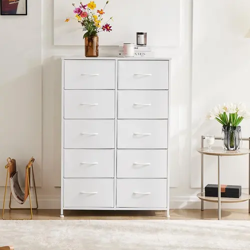 Sweetcrispy 10-Drawer Tall Modern Fabric Vertical Bedroom Dresser - Durable Wood-Top Freestanding Organizer with Sliding Door, Adjustable Legs, Quick Setup, Assembly Required for Storage Organization, Drawers for Bedroom, Nursery Use