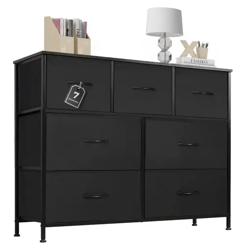 【Deal】Sweetcrispy Sturdy Black Fabric Drawer Storage Dresser - 7-Drawer (4+3 Zones) with Steel Base, Dresser for Bedroom, 45" TV Ready Sideboard, All Tools for Easy Assembly, Compact Indoor Furniture