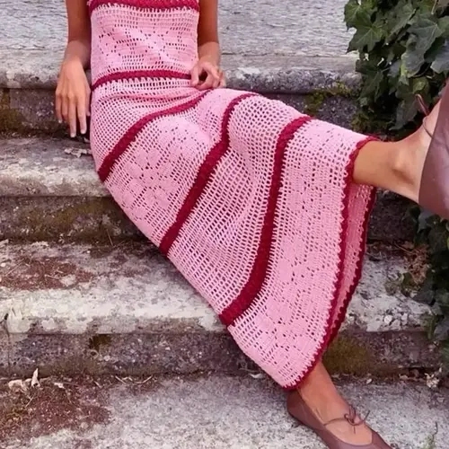 Women's Colorblock Crochet Sweater Dress, Casual Boho Chic Style Sleeveless Fitted Breathable Knitwear for Summer, Boho Summer Holiday, Fashion Women's Clothing for Daily Wear, Womenswear, Piece