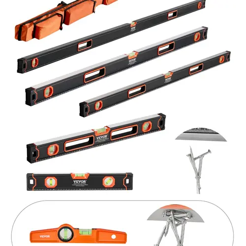 VEVOR 6-Piece Aluminum Alloy Torpedo Level Tools Kit Set, 10/16/24/32/48/78 Inches, Magnetic Handle, Light-Up Read Bubble Vials, Heavy-Duty, Portable, Storage Bag