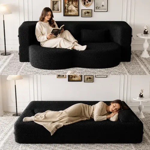 SZLIZCCC Boucle Upholstered Convertible Pull Out Sofa Bed with Pillows - Modern Sleeper, Curved Loveseat, No Assembly Sofa Lounge, Floor Sleeper for Living Room, Bedroom