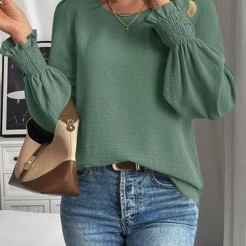 Women's Plain Blouse, Casual Round Neck Top for Spring & Fall, Women's Clothing for Daily Wear