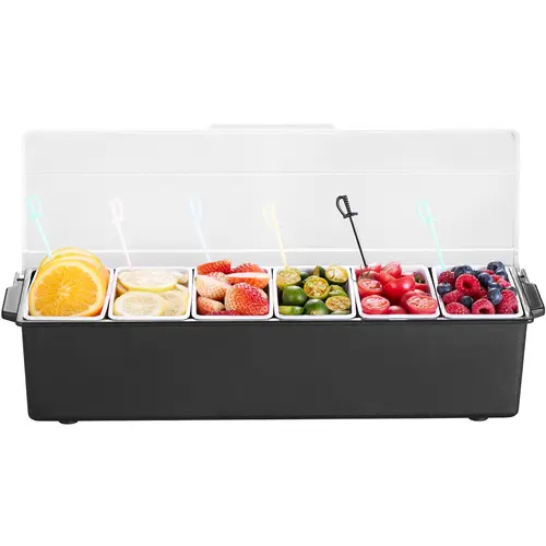 VEVOR BPA-Free Plastic Chilled Condiment Server, 6-Detachable-Compartment Kitchen Preserving Container with Lid, Utensils Bar Caddy, Separate Taco & Salad Zones, Home & Camping Food Tool