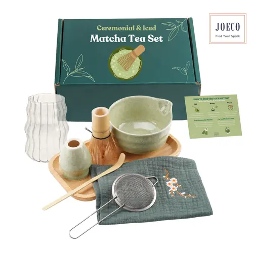 Ceremonial & Iced Matcha Kit, Including Matcha Bowl, Bamboo Whisk Set (Whisk, Strainer, Holder), Stainless Steel Sieve, Bamboo Chashaku, Iced Matcha Glass, Tea Tray, Linen Towel & How-to Card,  9 PCS Complete Set for Tea Enthusiasts & Matcha Lovers
