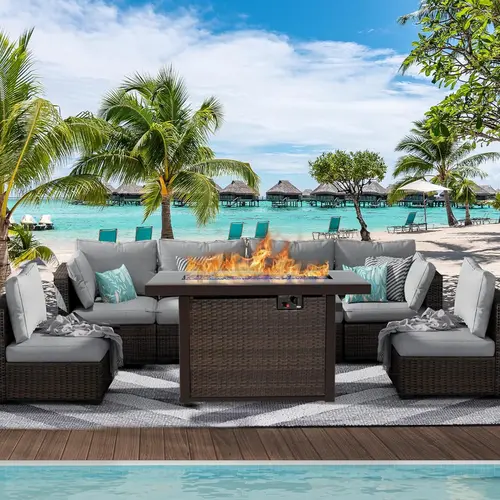 Classic 7-Piece Weatherproof Outdoor Patio PE Wicker Rattan Furniture Set - 44" Fire Pit Table, Adjustable Modular Sectional Couch with Lumbar Support, Ideal for Garden Parties & Balconies, Ships in 3 Packages familyfun