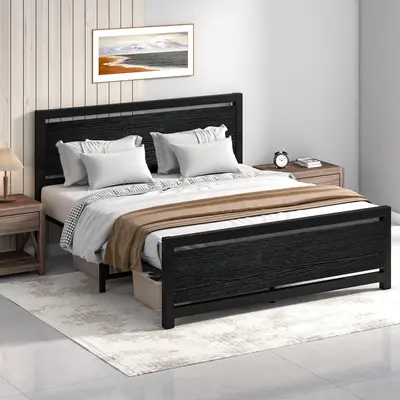 [Summerwins] HOMBCK Bed Frame with Wood Headboard, with Strong Steel Slat Support, Heavy Duty Platform Bed, Under Bed Storage, No Box Spring Needed #summer garden,fathers day gift ideas