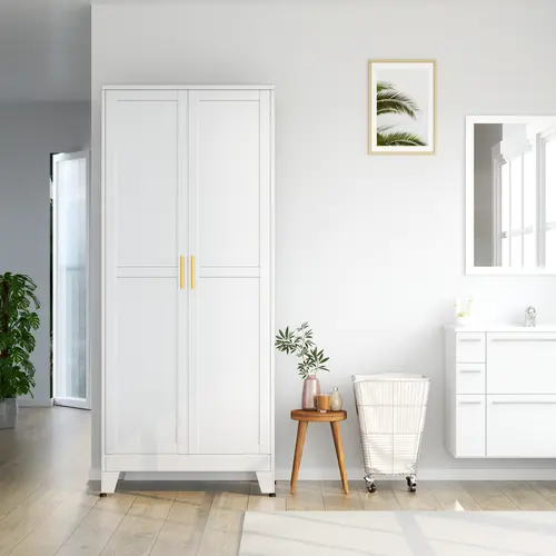 Metal Pantry Cabinet with 2 Doors and 5 Adjustable Shelves, 75" Kitchen Storage cabinets with Gold Handles, Versatile Storage for Laundry Room, Living Room, Bathroom, Dinning Room, Utility Room Apartment Furniture Organizer