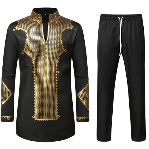 ZEROYAA Men's 2-Piece Traditional Africa Suit - Cotton Long Sleeve Bronzing Print Graphic Shirt & Pants, Classic Mensfashion Summer Outfit