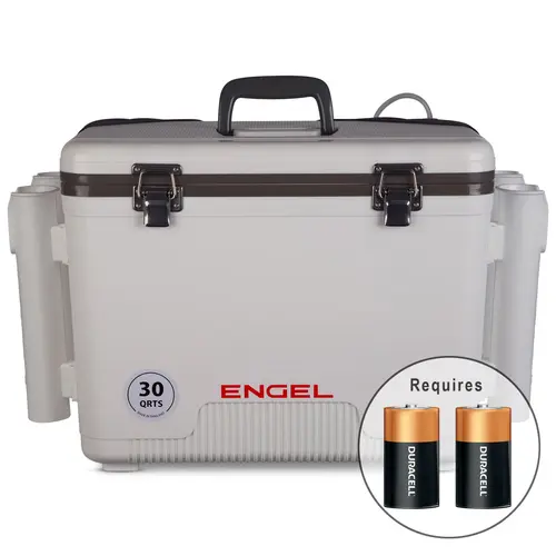 ENGEL 30 Qt Insulated Cooler - Saltwater Ready, Injection Molded Live Bait Drybox with Rod Holders, All-New Pull Net, Carry Handles, Integrated Shoulder Strap, All Fittings Secured with Stainless Steel Screws