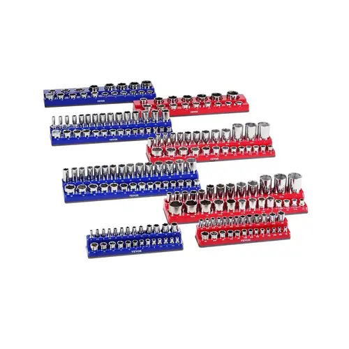 VEVOR Magnetic Socket Organizer Set, 8PCS Blue-Red Metric-SAE Trays with Ferrite+CPE Hold, Wear-Resistant Tool Organizers for Auto Repair Mechanics’ Stuff, 1/8-5/8 SAE, 6-20mm & 10-27mm Metric, 199 Slots