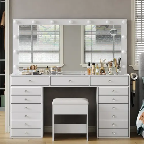 FUSOU 55" W Vanity Desk [Shipping by 2 Packages] Makeup Vanity with Charging Station, 15 Drawers Vanity with Lighted Mirror, 3 Lighting Modes, Brightness Adjustable, Glass Top, Vanity Table with Chair for Bedroom,SummerVibe