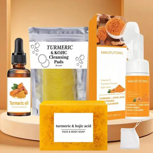 3-Piece Turmeric Daily Skin Care Kit - Bar Body Wash & Cleansers, Essential Oil, Soap Saver for Face & Bath Use, Men & Women Bath Set