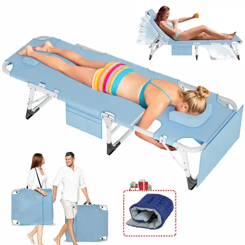 ABORON Adjustable Folding Lounger - Heavy-Duty Armless Single Outdoor Chaise, 5-Position 75.2" Oversized Patio Chair with Mattress, Face Hole and Arm Holes, Fold-Up Sunloungers for Adult Beach Poolside Use, Pre-Assembled Multi-Size Options
