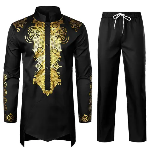 ZEROYAA Men's 2-Piece Traditional African Suit Set - Long Sleeve Henley Bronzing Print Shirt & Pocketed Pants, Soft Breathable Fabrics for Friends' Weddings, Classic Menswear Outfit