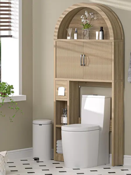 AHB Arched Over-The-Toilet Storage Cabinet - Freestanding Bathroom Room Storage Furniture-Style Non-Locking Multifunction Wall Cabinet with Doors, Adjustable Shelf, Anti-Tip Kit, Multifunction Wall Cabinets