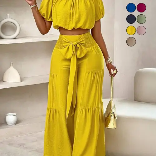 Summer Beach Vacation Bow Shoulderless Round Neck Shirt Wide Leg Pants Set, Casual Loose-Fitting, Women's Fashion, Womenswear