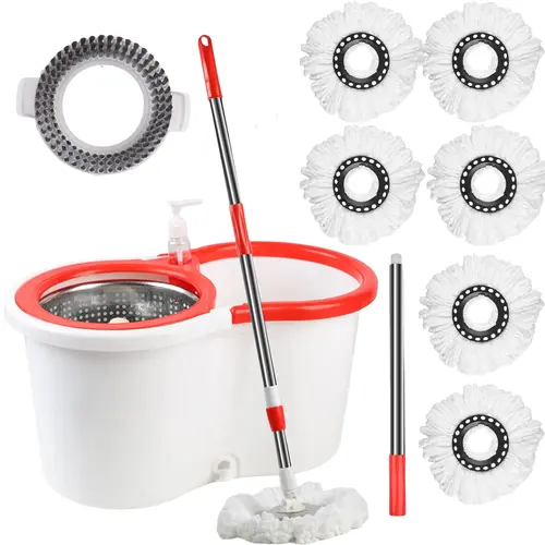 Spin Mop and Bucket with Wringer Set,360° Mop and Bucket System with 6 Microfiber Mop Refills and Floor Brush, 61" Extended Handle for Floor Cleaning (White)
