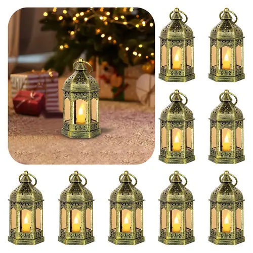 CANDELDO 10-Pack Metal Antique Mini Flameless Candle Lanterns - Hangable Home Accessories, Portable Hanging Centerpieces, LED Candle Stand, Batteries Included, Wedding Gift, Indoor/Outdoor Evening Decor