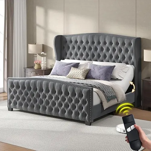 VanAcc Adjustable Bed Frame, 50.8" H Velvet Upholstered Bed with Wingback Headboard and Deep Button Tufting, Platform Bed Frame with Dual Motor and Remote Control, No Box Spring Needed