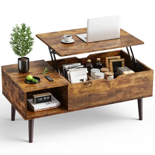 Sweetcrispy Legged Natural Grain Coffee Table - Adjustable Elevated Space Saving Furniture with Lifting Tabletop, Storage Shelf, Hidden Compartment, Compact Design, Finger-Safe Notch for Small Spaces & Office Use
