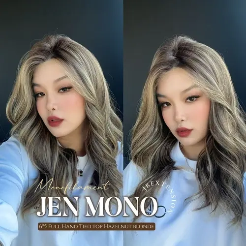 JBEXTENSION JEN MONO Monofilament Handmade Wig 6X5 Full Monofilament Hand Tied Top Wig 18 Inches Hazelnut Blonde Highlight Mono Lace Wig With Anti-slip Silicone Strips Glueless Wig JEN MONO【BENDY EAR TABS】