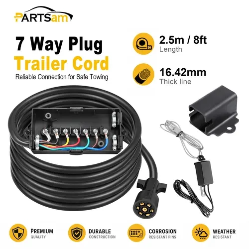 Partsam 7-Way Trailer Wiring Harness Towing Kit - 8ft Cord, 12V Breakaway Switch, Plug Holder, Waterproof 7-Gang Junction Box with Corrosion-Resist Sturdy Box, Rubber Gaskets Seal Rain, Auxiliary Power Link for Camper, RV