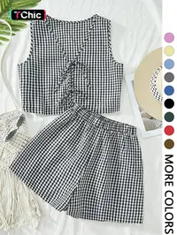 2-piece plaid striped sleeveless crop top vest and high-waisted loose shorts women's casual suit summer