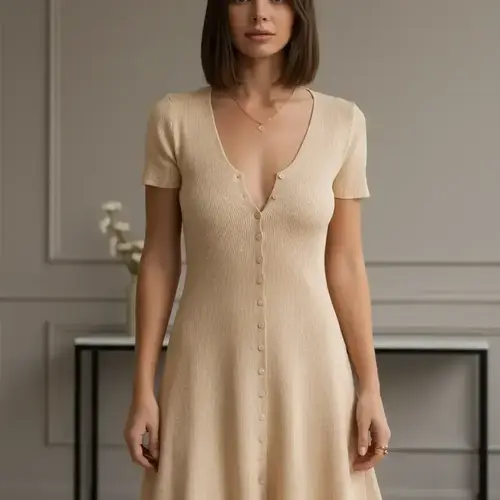 Women's Plain Basic V-Neck Button Fitted Dress, Casual Short-Sleeve Breathable Lightweight Summer Dress, Fashion Womenswear for Daily Wear, Casual Everyday Wear