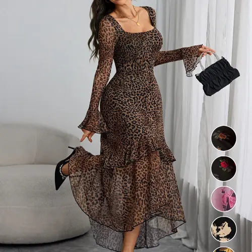 Women's Leopard Print Ruffle Trim Fitted Milkmaid Dress, Elegant Fashion Casual Square Neck Long Sleeve Flared Dress for Ladies, Casual Elegant Fall, Suitable for Daily Outdoor Wear and All Seasons