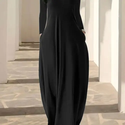 Women's Long Nightgown, Coffee Leopard Print, Round Neck Long Sleeve Pocket Sleepwear, Soft Comfortable All-Season Casual Loungewear