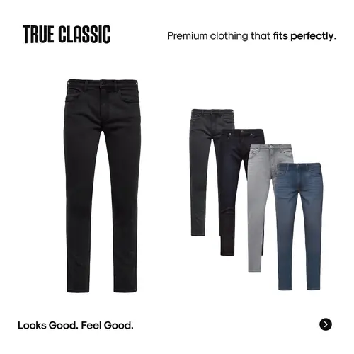 True Classic Men's Slim Fit 5-Pocket Denim Jeans - Button Closure, 4-way Stretch Ease, Breathable Cotton Fabric, Ultra-Soft, Modern Tapered, Streetwear Style, Effortless Versatile for Tee Pairing