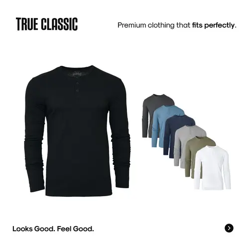True Classic Men's Cotton Long-Sleeve Henley Top - Premium Fitted Button Henley Shirt, Soft, Breathable, Ideal for Casual Day Wear, Night Out