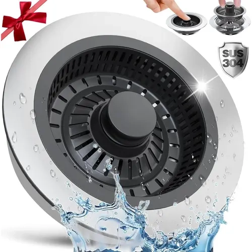 3-in-1 Stainless Steel Kitchen Sink Strainer & Stopper - ABS Anti-Clogging Odor Filter Plug, Bath Tub Drain Stoppers, Sink Bounce Core Strainer, Dual-Layer Sealing, Waterproof, Heat Resistant, US Std 3-1/2 in Fit, Home Essentials with Instruction Leaflet