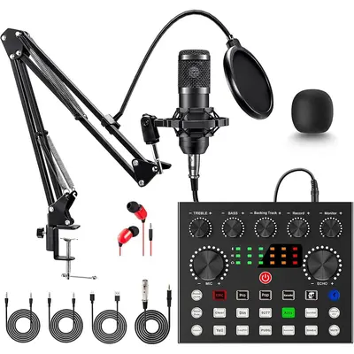 ZealSound Podcast Equipment Bundle, BM800 Podcast Microphone Bundle with V8s Voice Changer, Condenser Microphone Recording Studio Package for Podcasting Live Streaming Singing PC Mobile TikTok YouTube