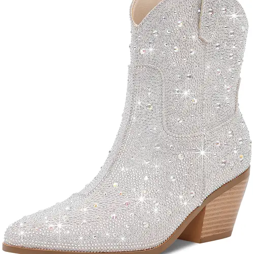 RONILURN Women's Pointed Multicolor Rhinestone Cowboy Ankle Booties - Modest Block Heel, Glitter, Western Outlaw Cowboy Aesthetic, Side Zipper, All-Season Comfortable Heels for Women, Country Concert Outfit