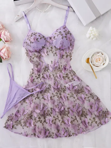 Women's Butterfly Embroidery Cami Spaghetti Strap Nightdress & Thong Sexy Feminine Lingerie Set Underwear, Comfy Breathable Fitted Elegant Nighty Dress Set, Ladies Sleepwear for All Seasons, Womenswear
