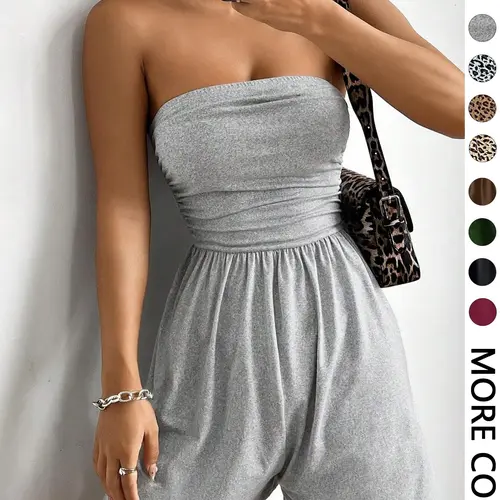 Women's Solid Color Fitted Sleeveless Strapless Romper Overalls, Casual Chic Fashion Lightweight Basic Romper for Summer, Women's Clothes for Daily Wear