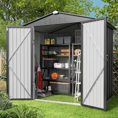 Gizoon 6x4 FT (78.3"l x 50"w x 74"h) Heavy-Duty Metal Outdoor Storage Shed, Waterproof Garden Shed with Double Lockable Heavy-Duty Hinged Doors, Reinforced Base (2 Packages Shipping) - Dark Grey for Organizing Backyard Clutter