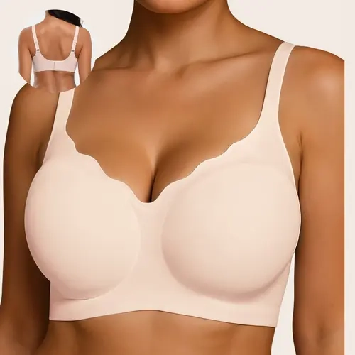 Soft Intention V Neck Scalloped Wireless Bra for Women - Soft, Supportive, Comfortable Basic Design, Seamless Fit, Everyday Wear, Feminine Aesthetic