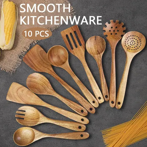Premium Natural Wood Kitchen Utensils Assortment Set (5-10 Piece) - Wooden Spatulas, Turners, Elegant Design, Eco-Ergonomic Handles, Heat-Resistant, Easy-Clean for Non-Stick Pans, Less Hand Fatigue, Pancake Flip Ease, Home & Kitchen Decor Cooking Gadgets