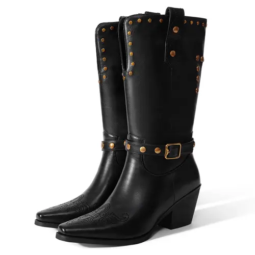 RONILURN Women's Distressed Studded Cowboy Boots - Wide Mid-Calf (Above Ankle Below Knee), Square Toe, Low Heel (1-3 cm), Chunky Rubber Sole, All Seasons Casual Biker Style Footwear for Riding, Cowboy Aesthetic