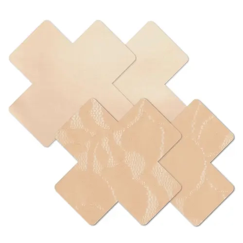 Nippies Women's Cross Shape Pasties - 2-Pair Fabric Set, Soft-Stretch, Breathable, Discreet, Lace Trim, Smooth Satin, Comfortable Bra Accessories, 3 Skin Tones, 4 Nipple Pads, 2 Mini Patch Tests, Adults' Everyday Essential