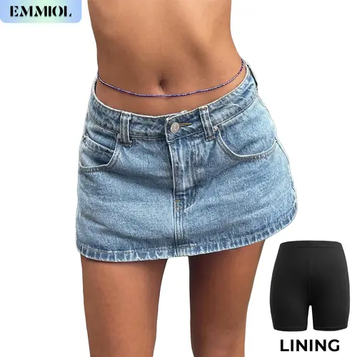 EMMIOL Low Waist Denim Skirt Skorts Mini Denim Shorts Bodycon Mini Jean Skirt Vintage Y2K Skirt for Women - Casual Style Regular Fit Above Knee Cotton Material Multi Belt Loops Chic Womenswear Machine Washable Summer vibes