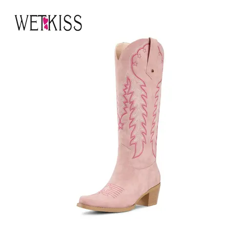 Wetkiss Cowboy Cowgirl Women Knee High  Boots Retro Embroidered Chunky Heels Pointed Toe Western Long Tall Boot Pull On Footwear Walking Shoes,Women's Shoes,Women's Boots  #WeeklyDeals#TikTokShopDealsforYouDays#DealsForYouDays#SummerWins