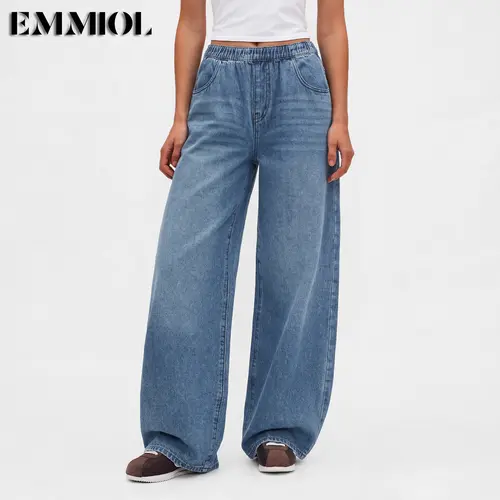 EMMIOL Women Baggy Jeans Mid-Low Waist Boyfriend Streetwear Vintage Jeans Wide Leg Denim Pants【Back to School】