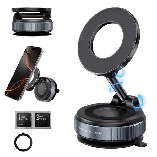 Upgraded Unpowered Magnetic Vacuum Cell Phone Car Mount - 360-Degree Rotatable, Adjustable, Foldable, Smooth-Surface Grip, No Noise, Universal Smartphone Holder with Metal Ring for iPhone & Android