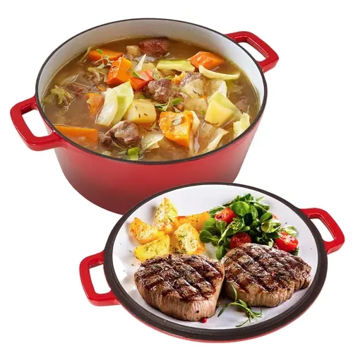 Sturdy Heavy-Duty 2-in-1 Combo Cooker Cast Iron Cookware Set, 6-qt Red Dutch Oven with Skillet Lid, Nonstick Coating, Heat Retention, Steak Cooking, Easy to Clean, Camp Kitchen Pot, Induction-Stovetop Compatible, Oven Safe to 500°F